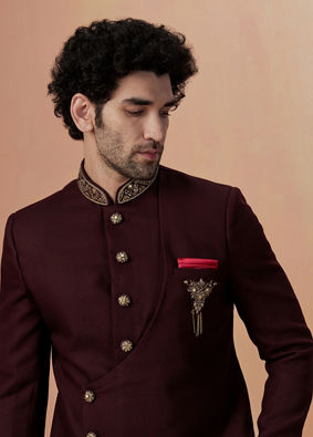 alt message - Manyavar Men Maroon Self Design Bandhagala Indo Western image number 0